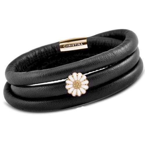 Image of NYT 70 cm Læderarmbånd fra Christina Design London med forgyldt marguerit charm